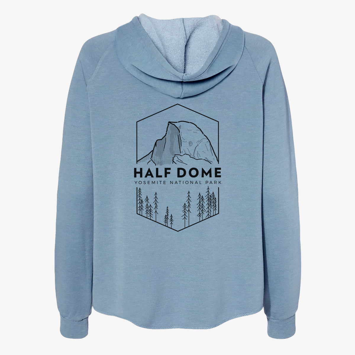 Misty blue women's Cali Wave zip-up sweatshirt laid flat, printed with a black line art badge of Half Dome above a pine forest, with the words Half Dome, Yosemite National Park.