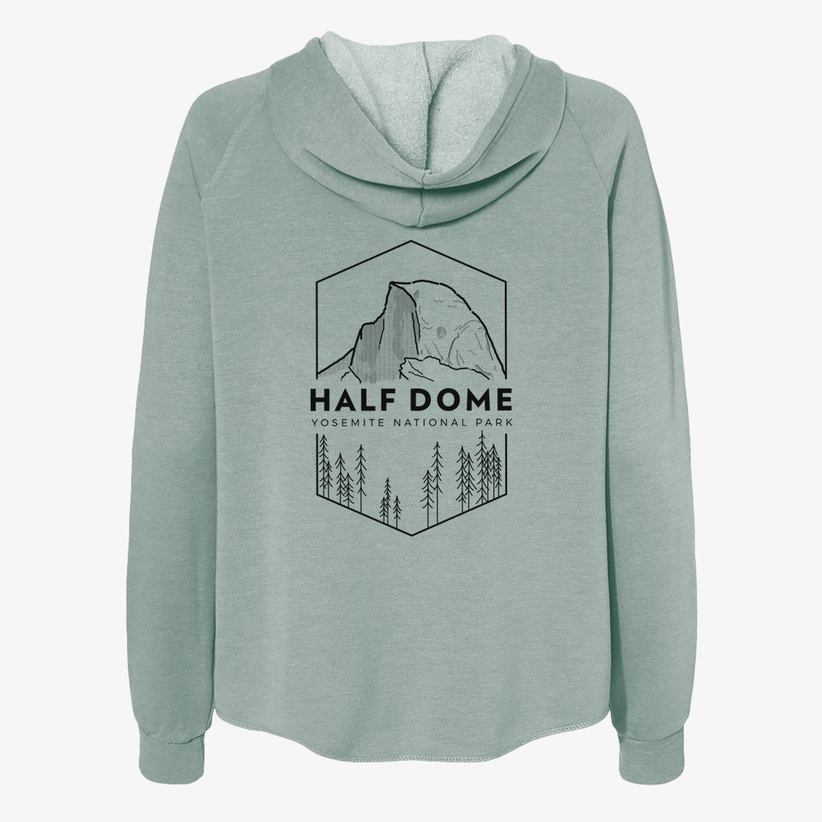Sage green women's Cali Wave zip-up sweatshirt laid flat, printed with a black line art badge of Half Dome above a pine forest, with the words Half Dome, Yosemite National Park.