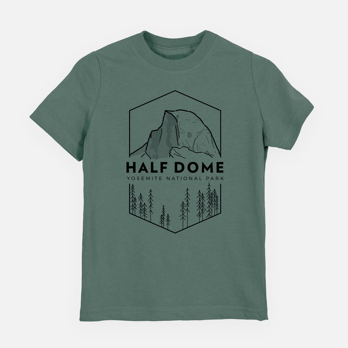Basil green youth t-shirt laid flat, printed with a black line art badge of Half Dome above a pine forest, with the words Half Dome, Yosemite National Park.