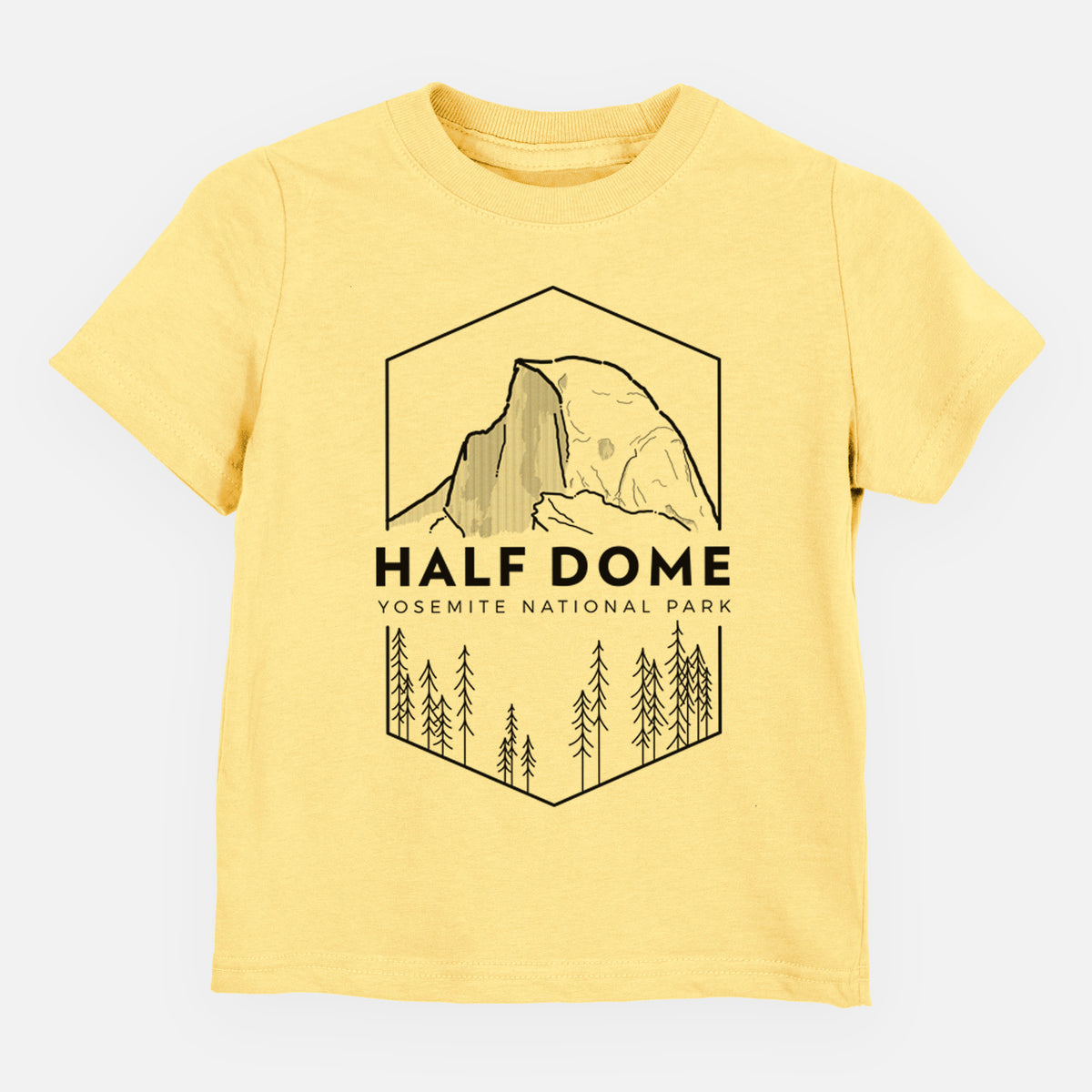 Butter yellow toddler t-shirt laid flat, printed with a black line art badge of Half Dome above a pine forest, with the words Half Dome, Yosemite National Park.