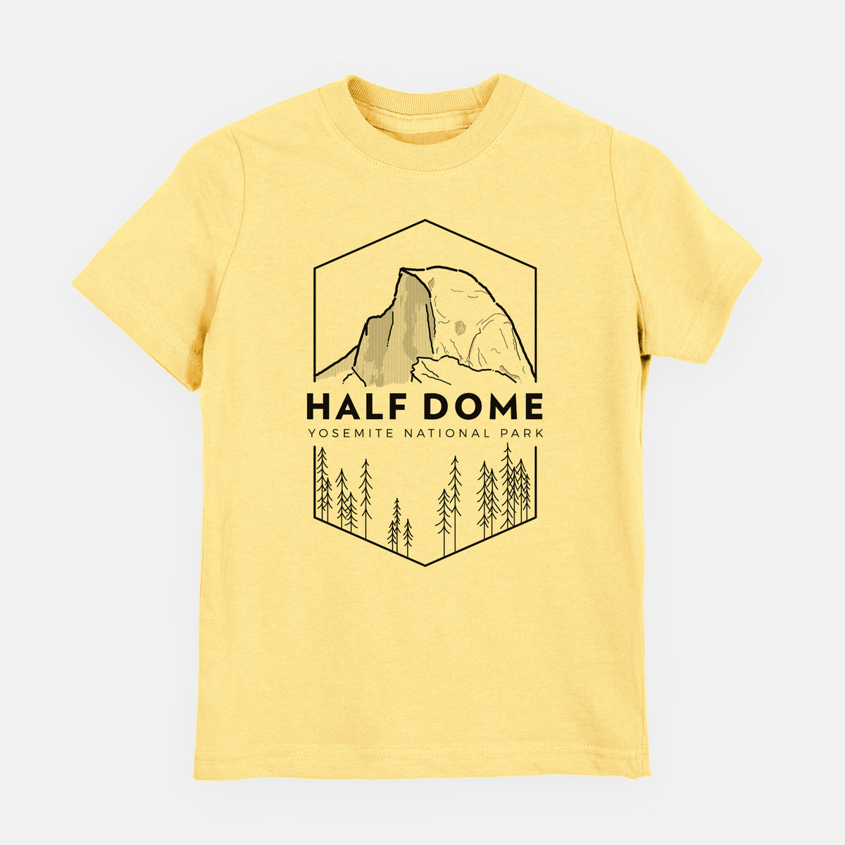 Butter yellow youth t-shirt laid flat, printed with a black line art badge of Half Dome above a pine forest, with the words Half Dome, Yosemite National Park.