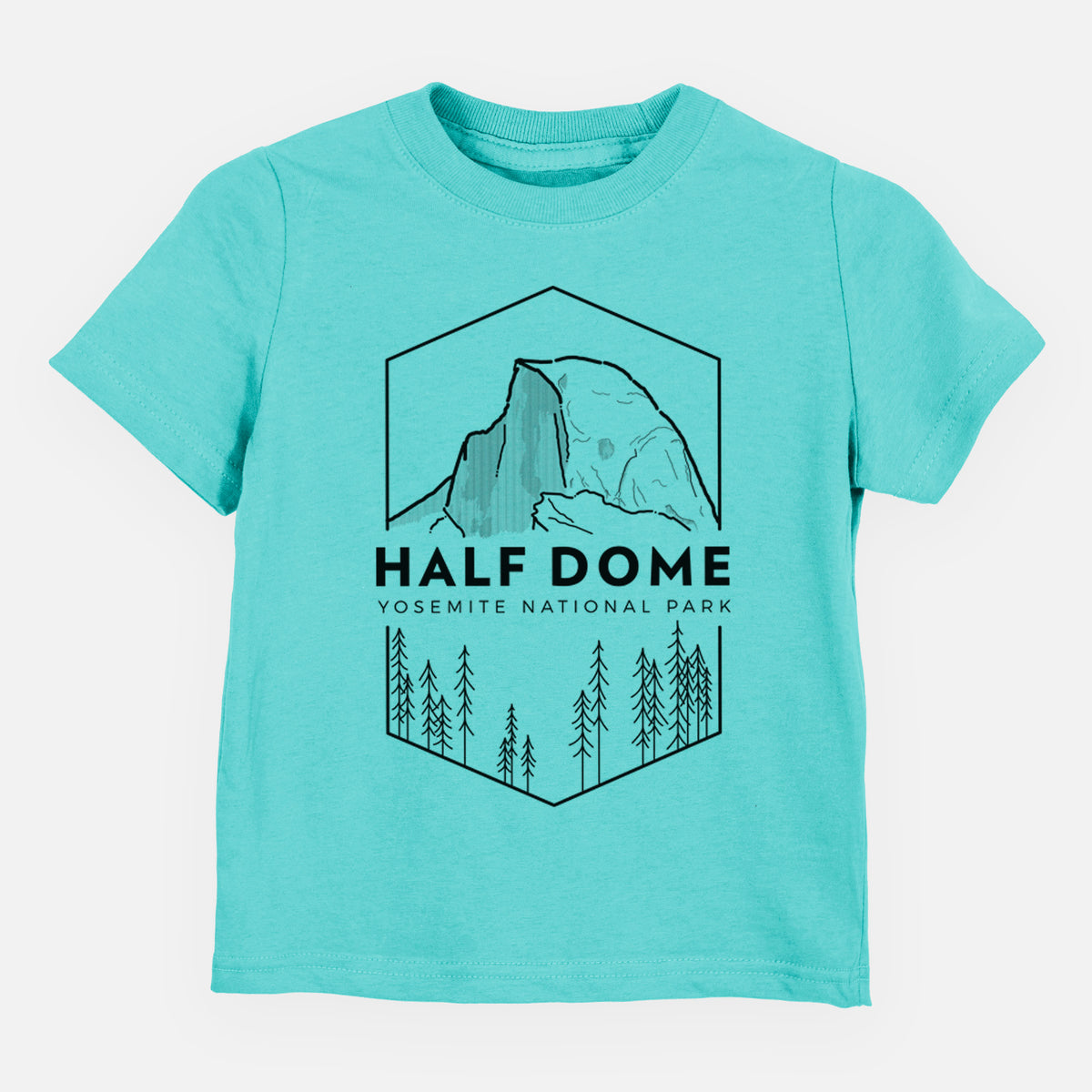 Caribbean blue toddler t-shirt laid flat, printed with a black line art badge of Half Dome above a pine forest, with the words Half Dome, Yosemite National Park.