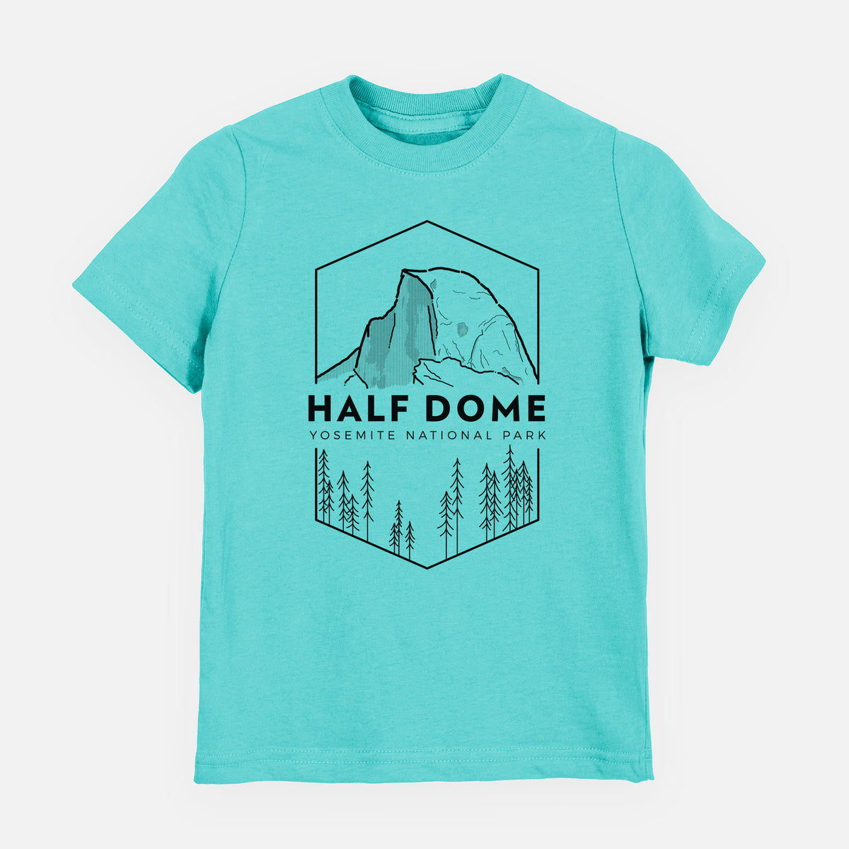 Caribbean blue youth t-shirt laid flat, printed with a black line art badge of Half Dome above a pine forest, with the words Half Dome, Yosemite National Park.
