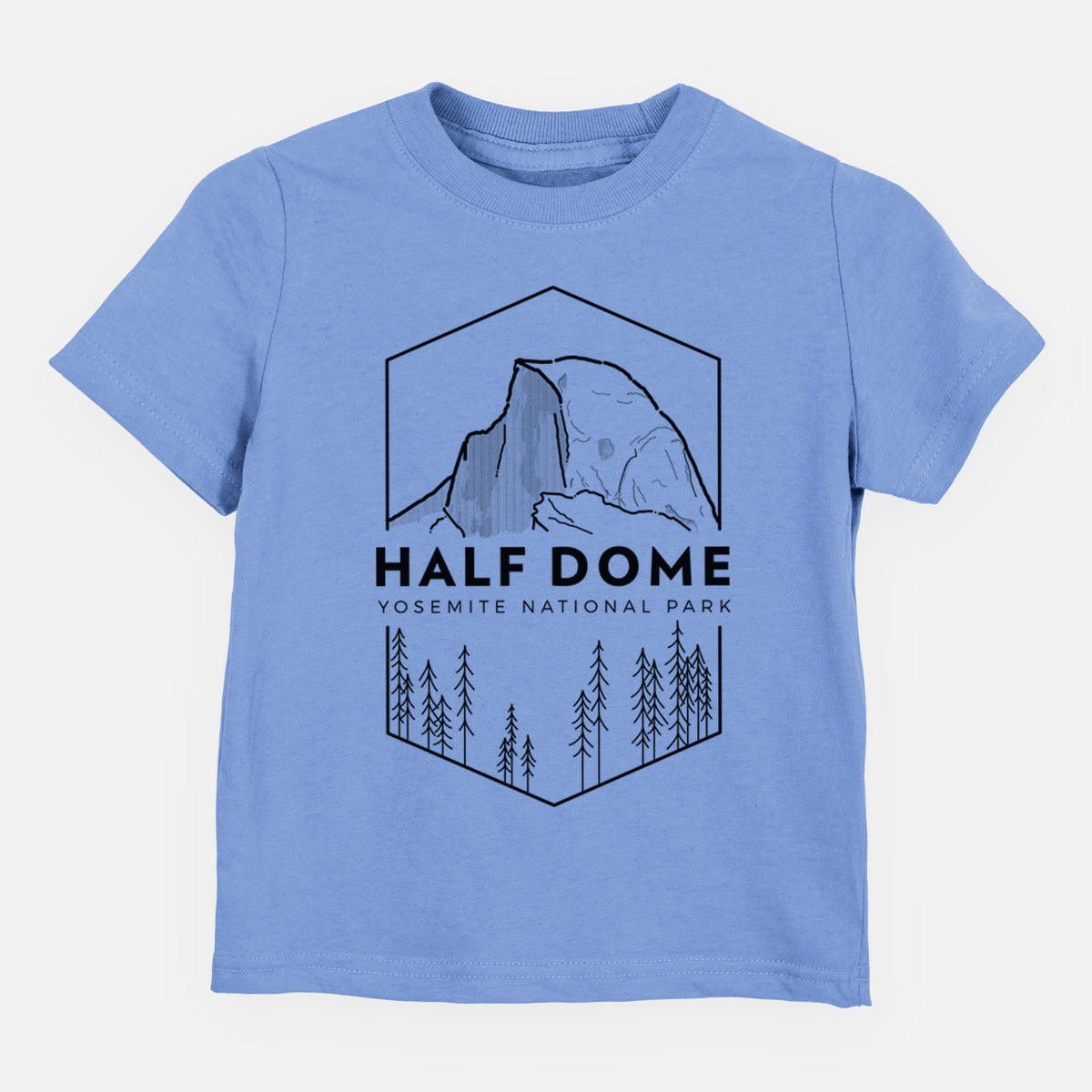Carolina blue toddler t-shirt laid flat, printed with a black line art badge of Half Dome above a pine forest, with the words Half Dome, Yosemite National Park.