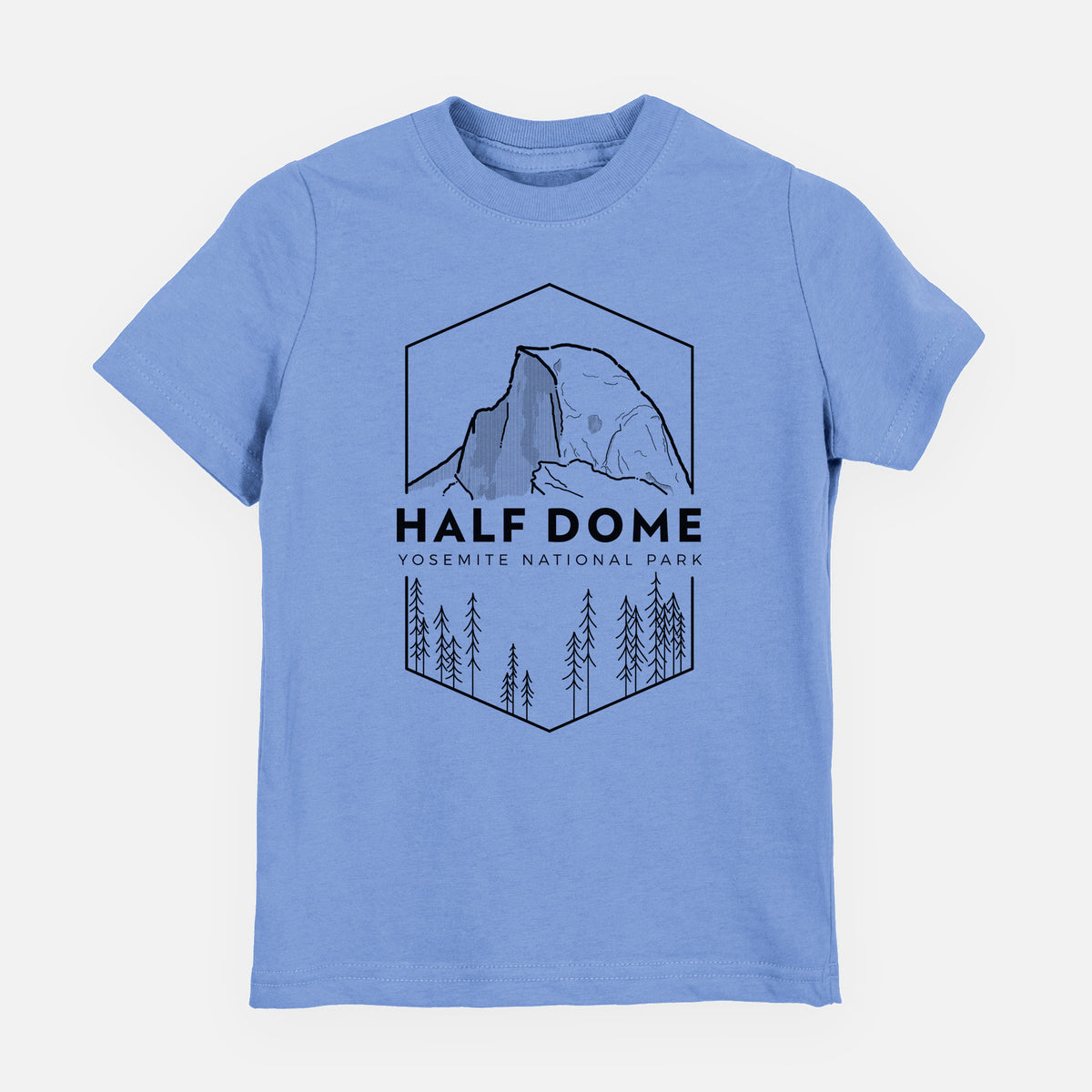 Carolina blue youth t-shirt laid flat, printed with a black line art badge of Half Dome above a pine forest, with the words Half Dome, Yosemite National Park.
