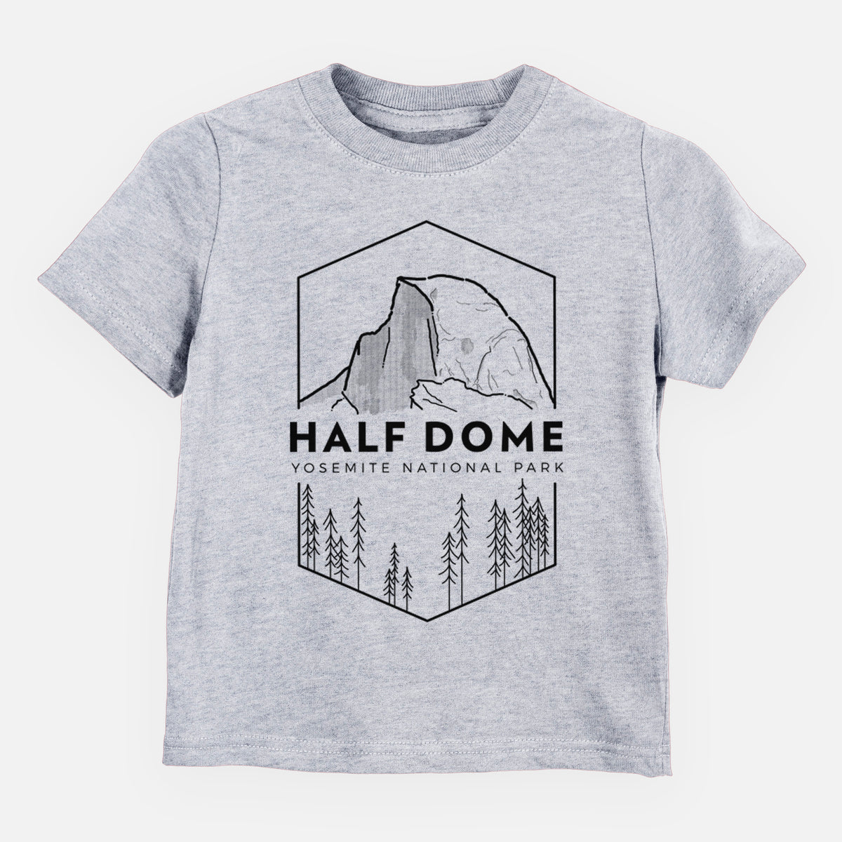 Heather grey toddler t-shirt laid flat, printed with a black line art badge of Half Dome above a pine forest, with the words Half Dome, Yosemite National Park.