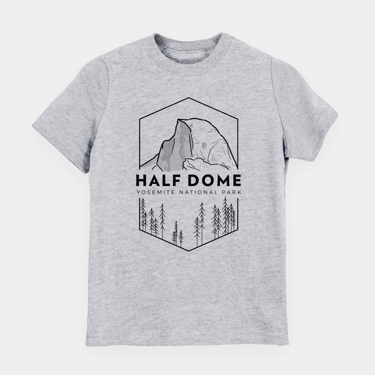 Heather grey youth t-shirt laid flat, printed with a black line art badge of Half Dome above a pine forest, with the words Half Dome, Yosemite National Park.