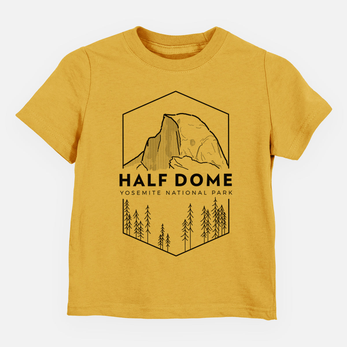 Honeycomb yellow toddler t-shirt laid flat, printed with a black line art badge of Half Dome above a pine forest, with the words Half Dome, Yosemite National Park.