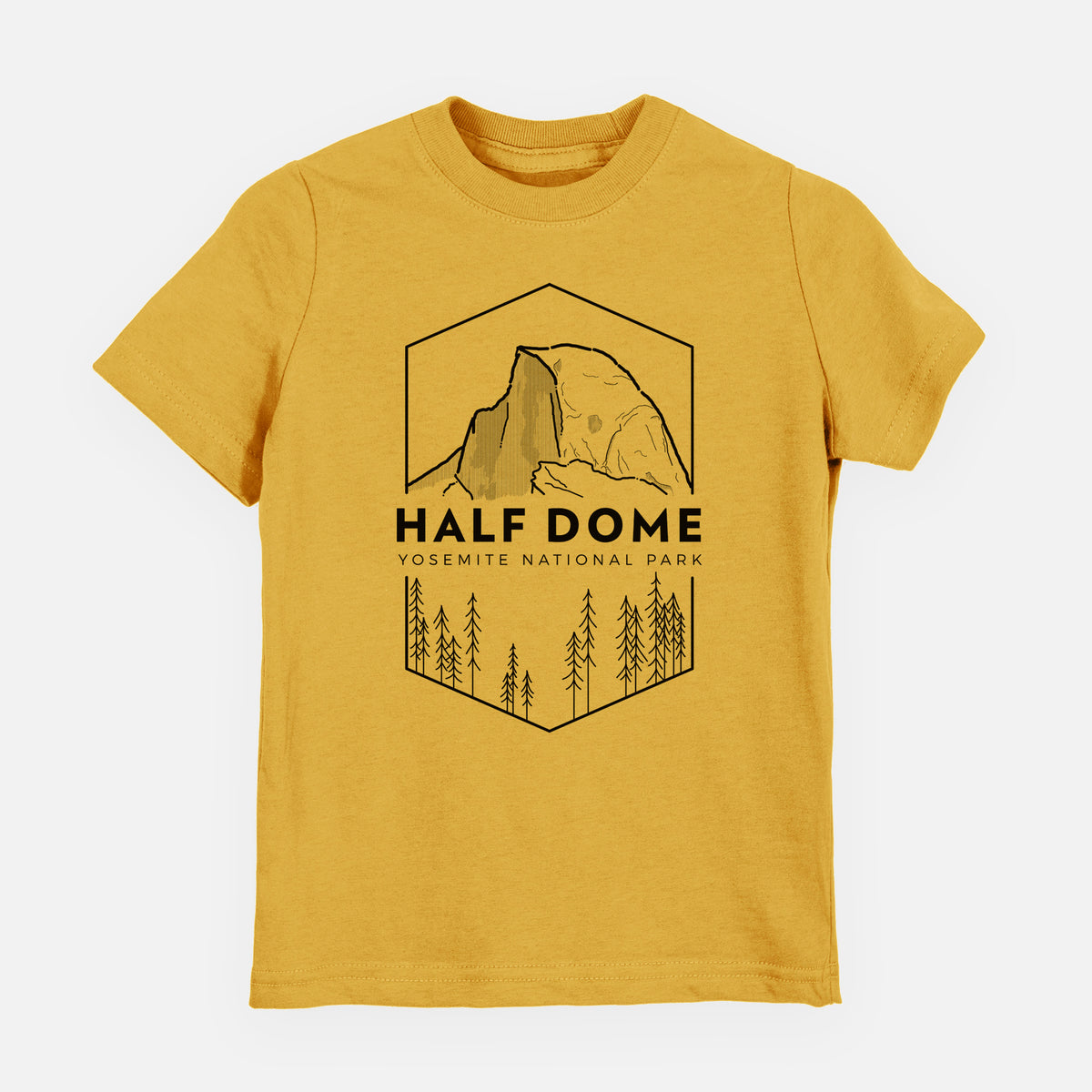 Honeycomb yellow youth t-shirt laid flat, printed with a black line art badge of Half Dome above a pine forest, with the words Half Dome, Yosemite National Park.