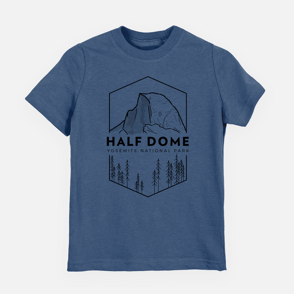 Indigo blue youth t-shirt laid flat, printed with a black line art badge of Half Dome above a pine forest, with the words Half Dome, Yosemite National Park.