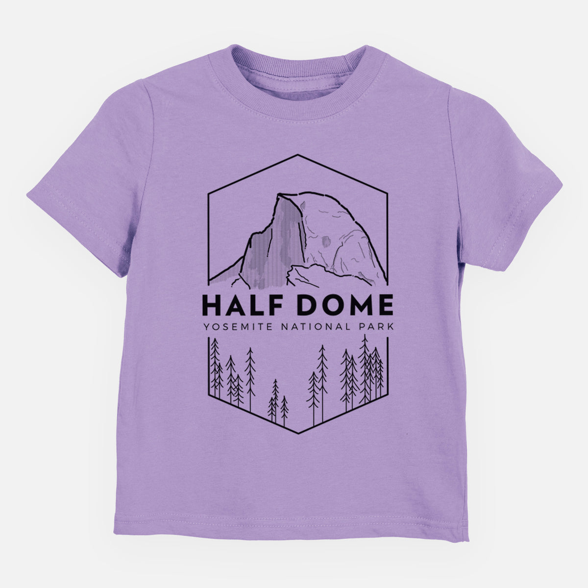 Lavender toddler t-shirt laid flat, printed with a black line art badge of Half Dome above a pine forest, with the words Half Dome, Yosemite National Park.