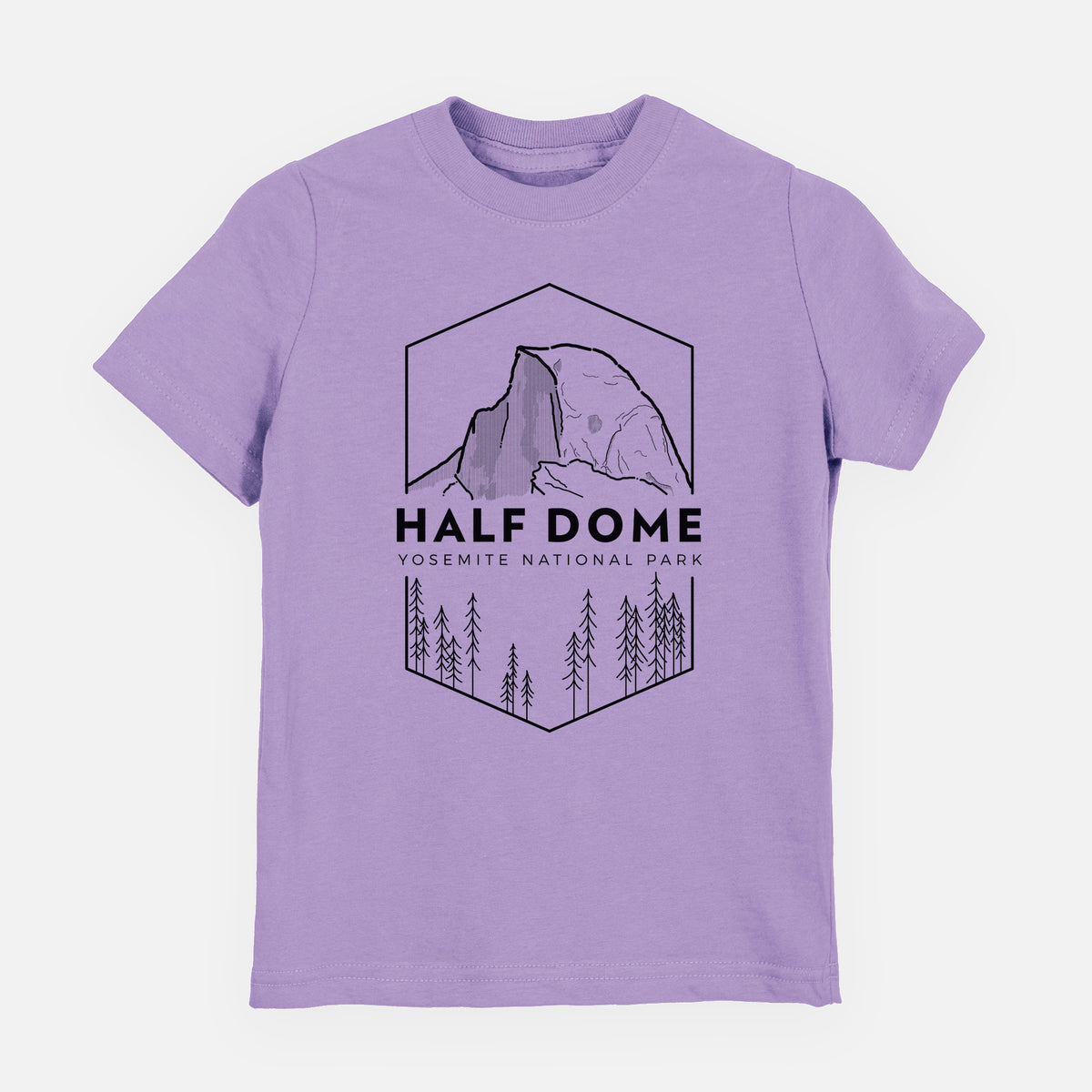 Lavender youth t-shirt laid flat, printed with a black line art badge of Half Dome above a pine forest, with the words Half Dome, Yosemite National Park.