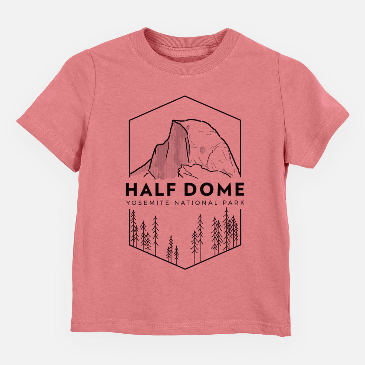 Mauve pink toddler t-shirt laid flat, printed with a black line art badge of Half Dome above a pine forest, with the words Half Dome, Yosemite National Park.