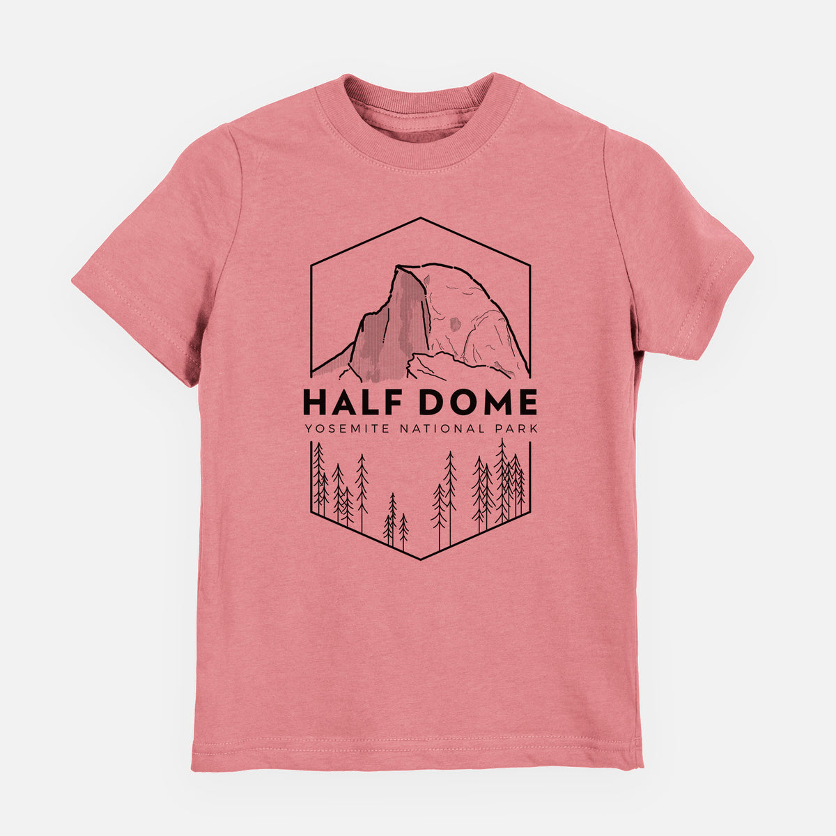 Mauve pink youth t-shirt laid flat, printed with a black line art badge of Half Dome above a pine forest, with the words Half Dome, Yosemite National Park.