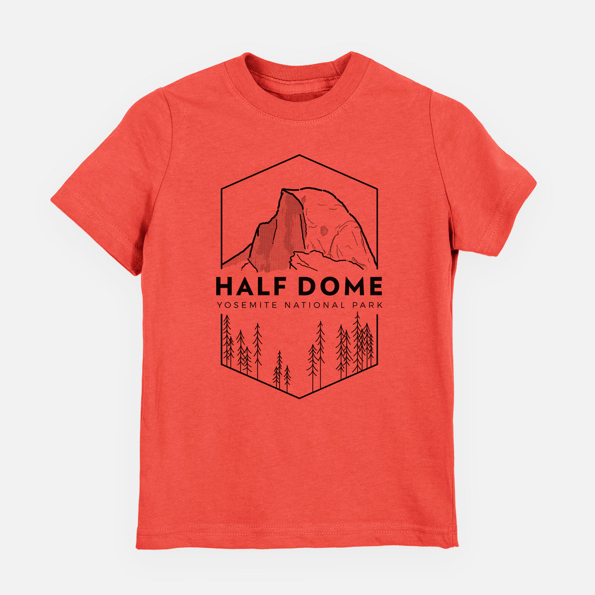 Passionfruit pink youth t-shirt laid flat, printed with a black line art badge of Half Dome above a pine forest, with the words Half Dome, Yosemite National Park.