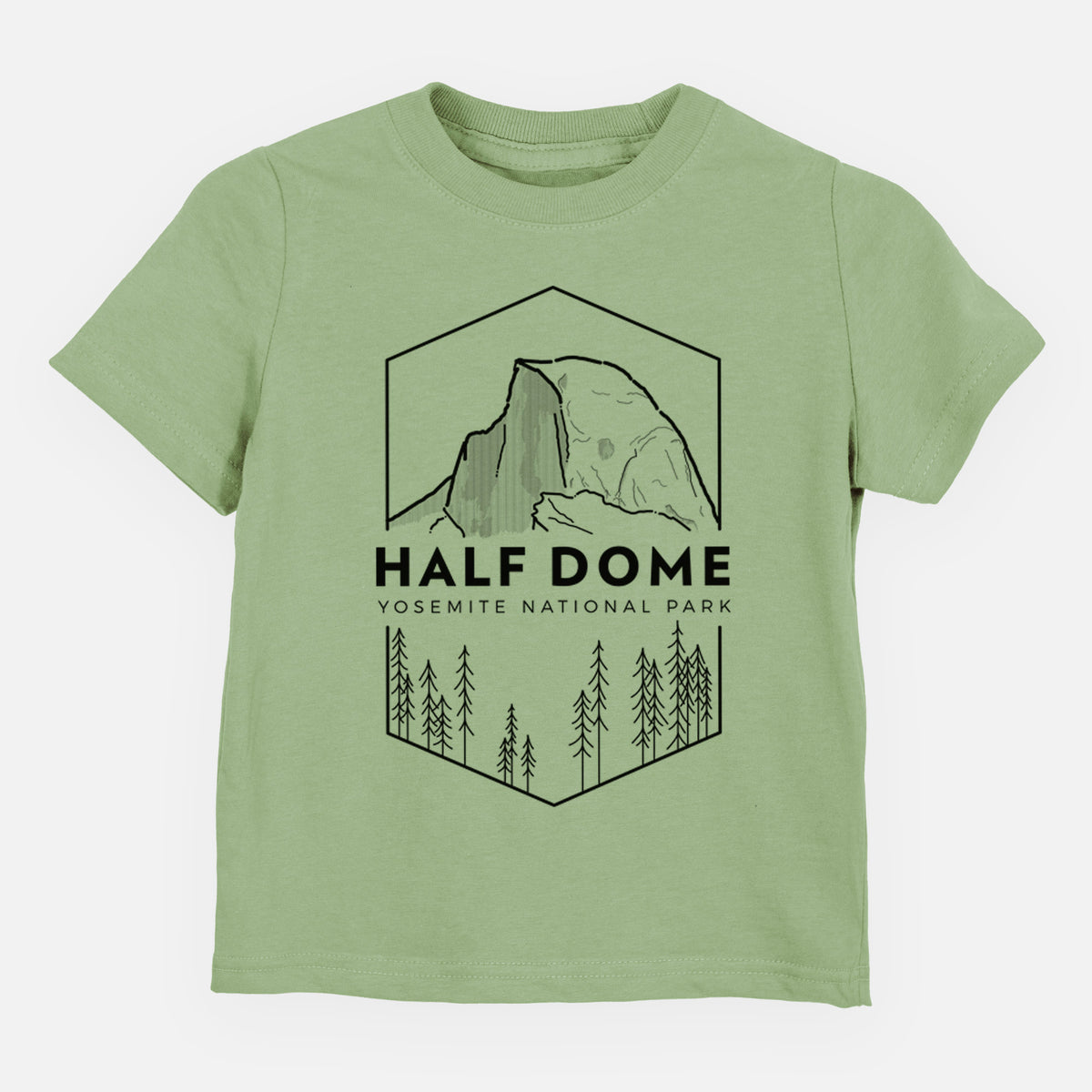 Sage green toddler t-shirt laid flat, printed with a black line art badge of Half Dome above a pine forest, with the words Half Dome, Yosemite National Park.