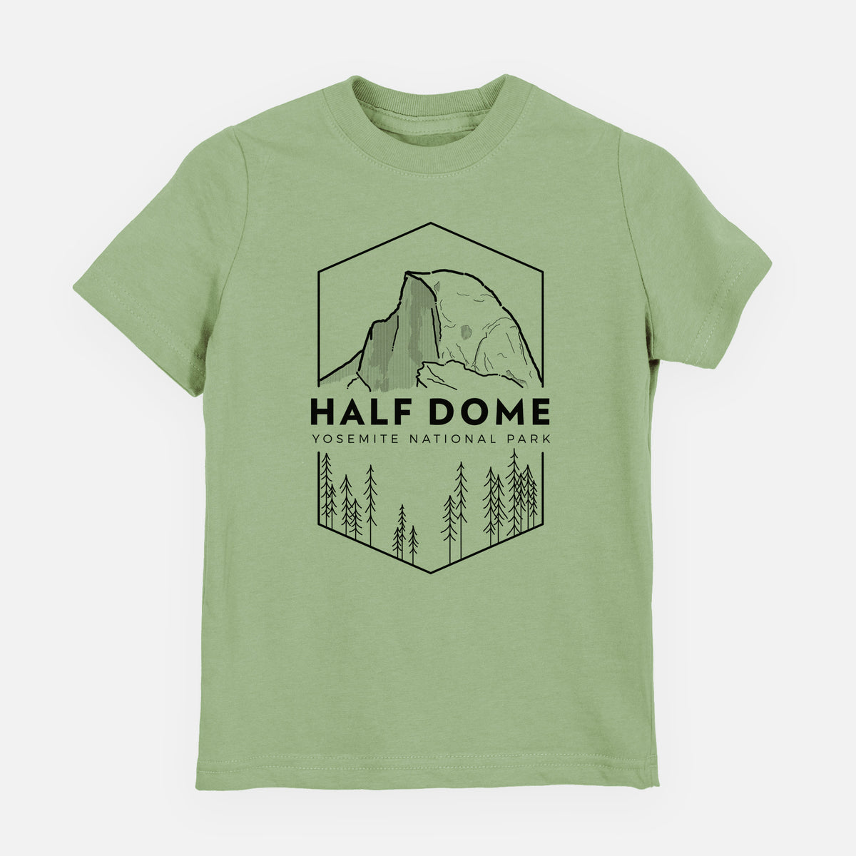 Sage green youth t-shirt laid flat, printed with a black line art badge of Half Dome above a pine forest, with the words Half Dome, Yosemite National Park.