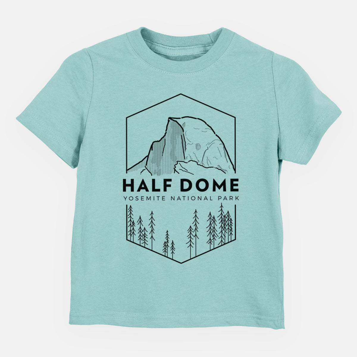 Saltwater toddler t-shirt laid flat, printed with a black line art badge of Half Dome above a pine forest, with the words Half Dome, Yosemite National Park.
