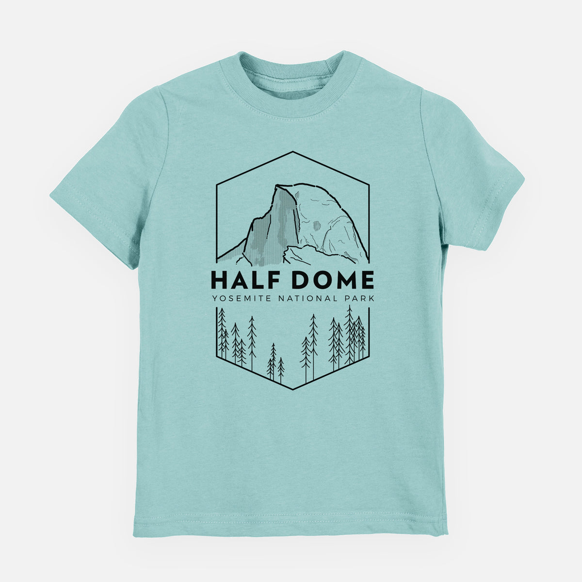 Saltwater youth t-shirt laid flat, printed with a black line art badge of Half Dome above a pine forest, with the words Half Dome, Yosemite National Park.
