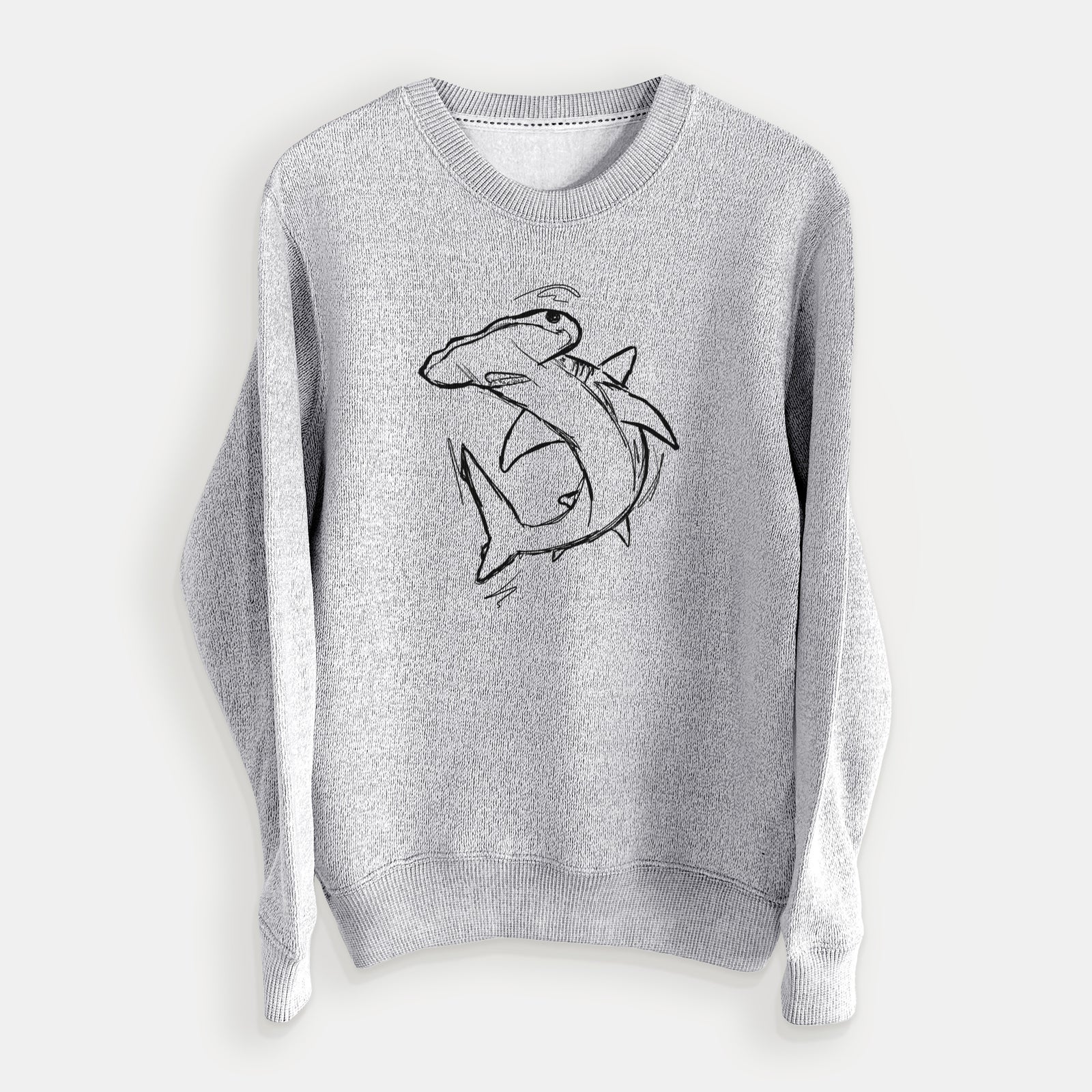 Salt and pepper knit sweatshirt laid flat, printed with a black ink illustration of a hammerhead shark swimming in a curve.