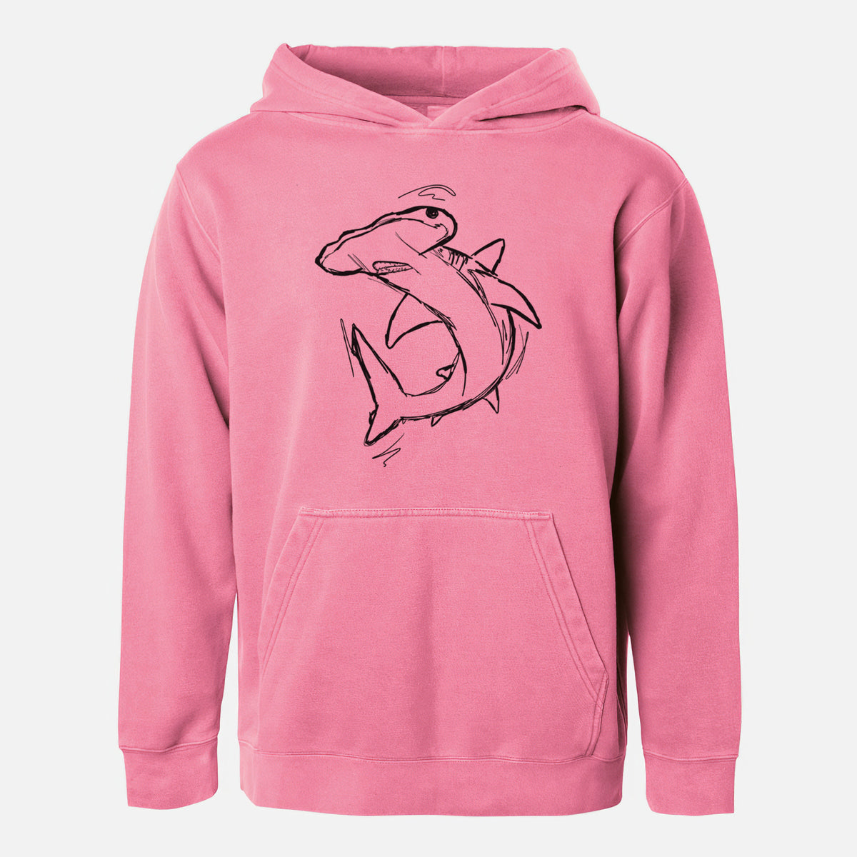 Pigment pink youth pigment dyed hoodie laid flat, printed with a black ink illustration of a hammerhead shark swimming in a curve.