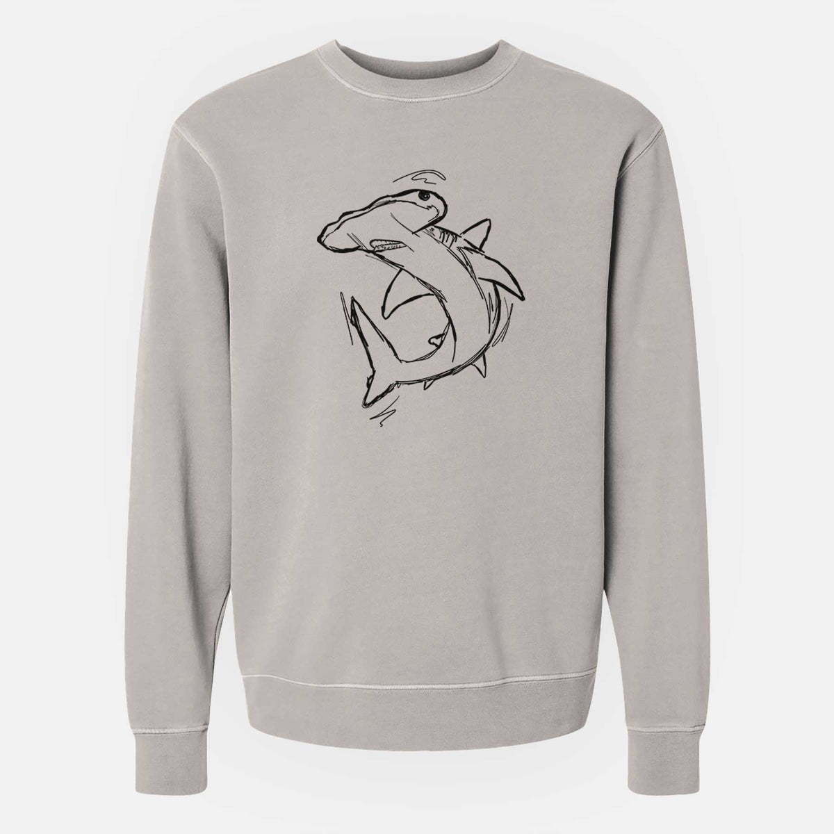 Cement grey pigment dyed crewneck sweatshirt laid flat, printed with a black ink illustration of a hammerhead shark swimming in a curve.