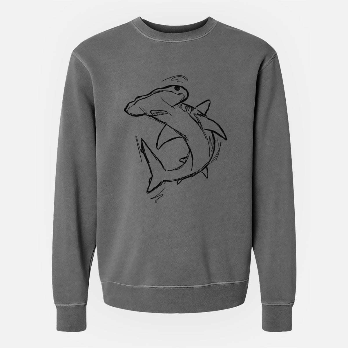 Faded black pigment dyed crewneck sweatshirt laid flat, printed with a black ink illustration of a hammerhead shark swimming in a curve.
