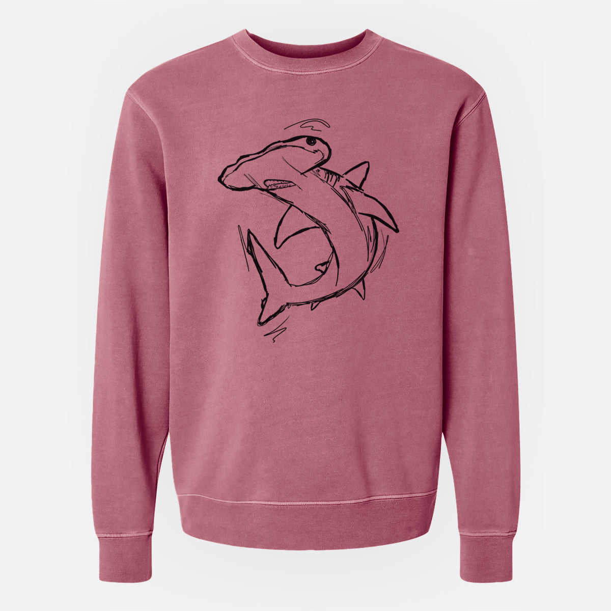 Maroon pigment dyed crewneck sweatshirt laid flat, printed with a black ink illustration of a hammerhead shark swimming in a curve.