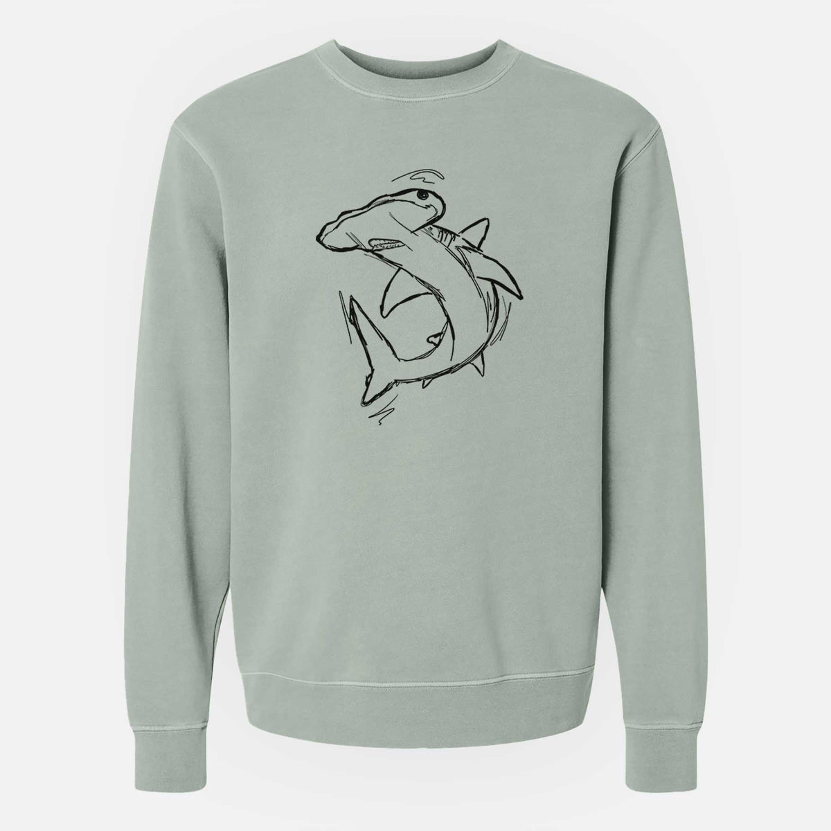 Sage green pigment dyed crewneck sweatshirt laid flat, printed with a black ink illustration of a hammerhead shark swimming in a curve.