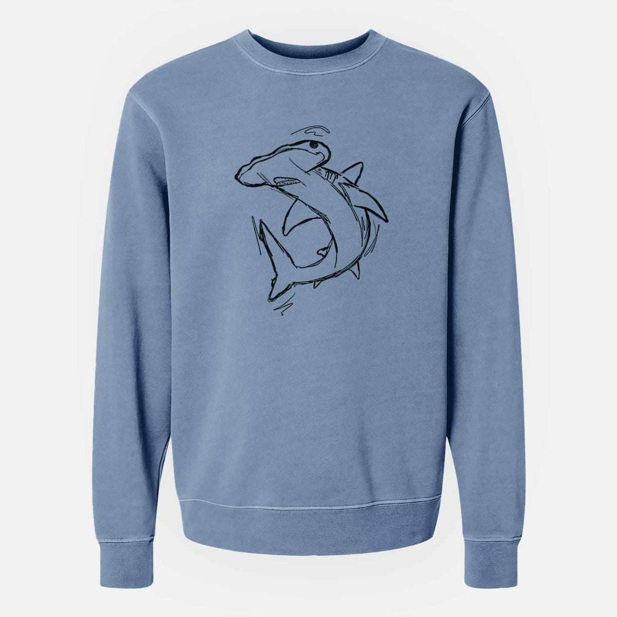 Slate blue pigment dyed crewneck sweatshirt laid flat, printed with a black ink illustration of a hammerhead shark swimming in a curve.