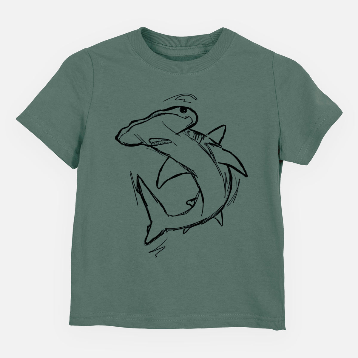 Basil green toddler t-shirt laid flat, printed with a black ink illustration of a hammerhead shark swimming in a curve.