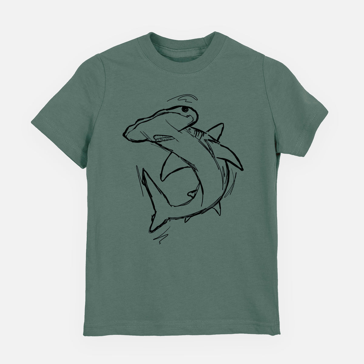 Basil green youth t-shirt laid flat, printed with a black ink illustration of a hammerhead shark swimming in a curve.