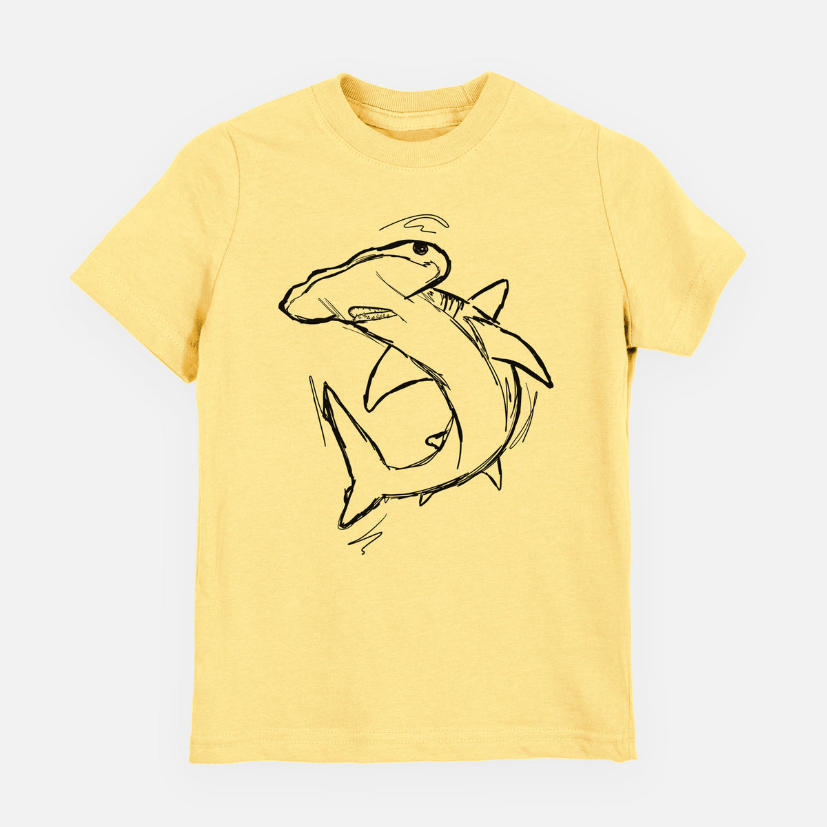 Butter yellow youth t-shirt laid flat, printed with a black ink illustration of a hammerhead shark swimming in a curve.