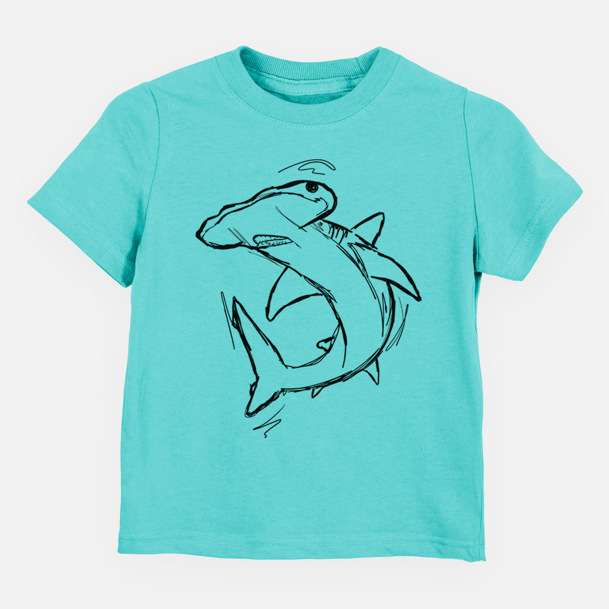 Caribbean blue toddler t-shirt laid flat, printed with a black ink illustration of a hammerhead shark swimming in a curve.