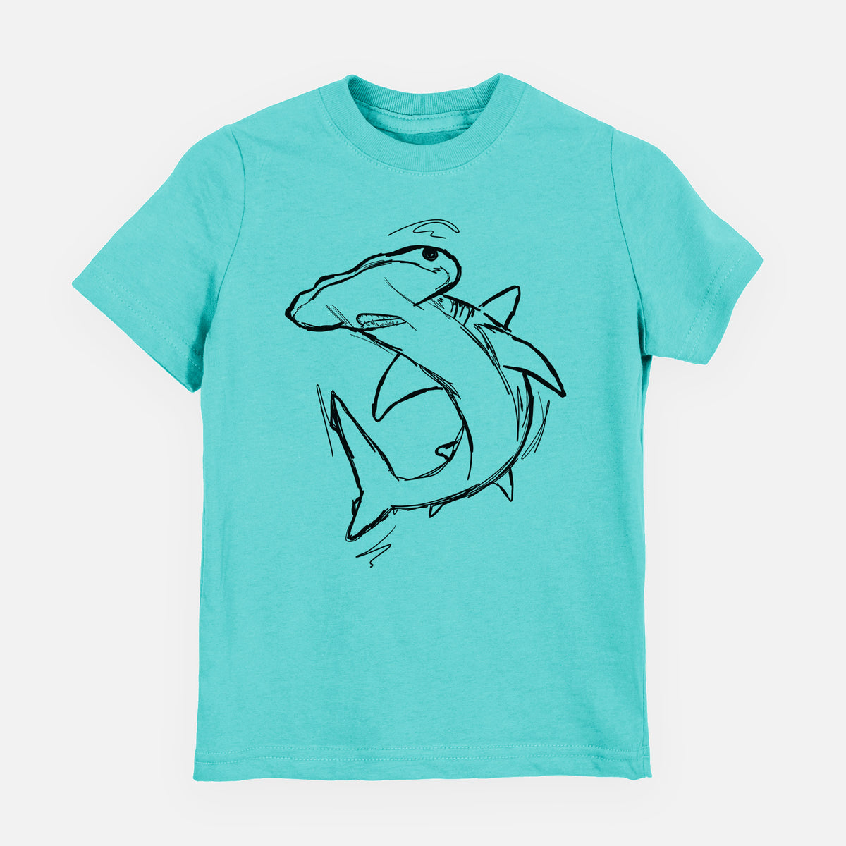 Caribbean blue youth t-shirt laid flat, printed with a black ink illustration of a hammerhead shark swimming in a curve.