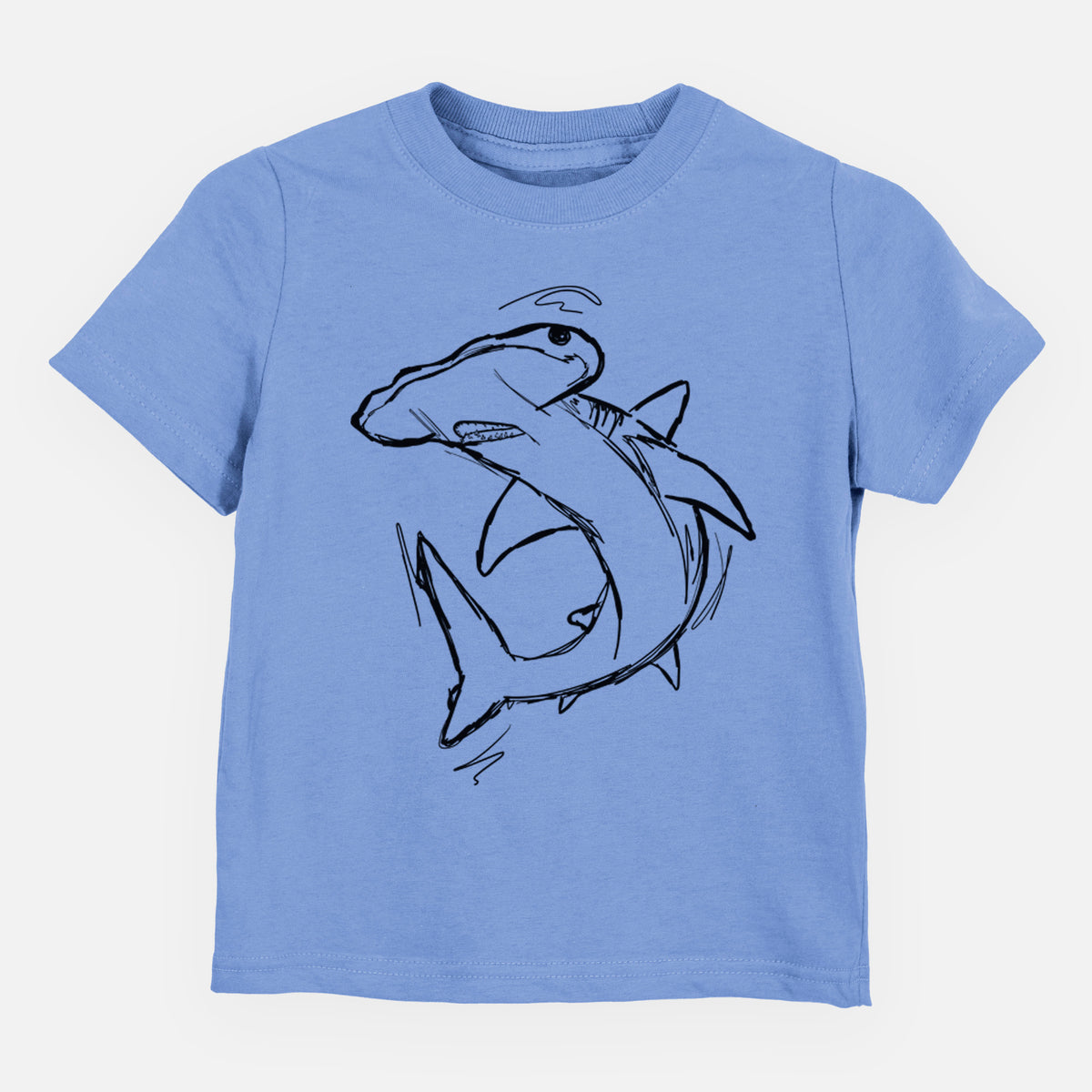 Carolina blue toddler t-shirt laid flat, printed with a black ink illustration of a hammerhead shark swimming in a curve.