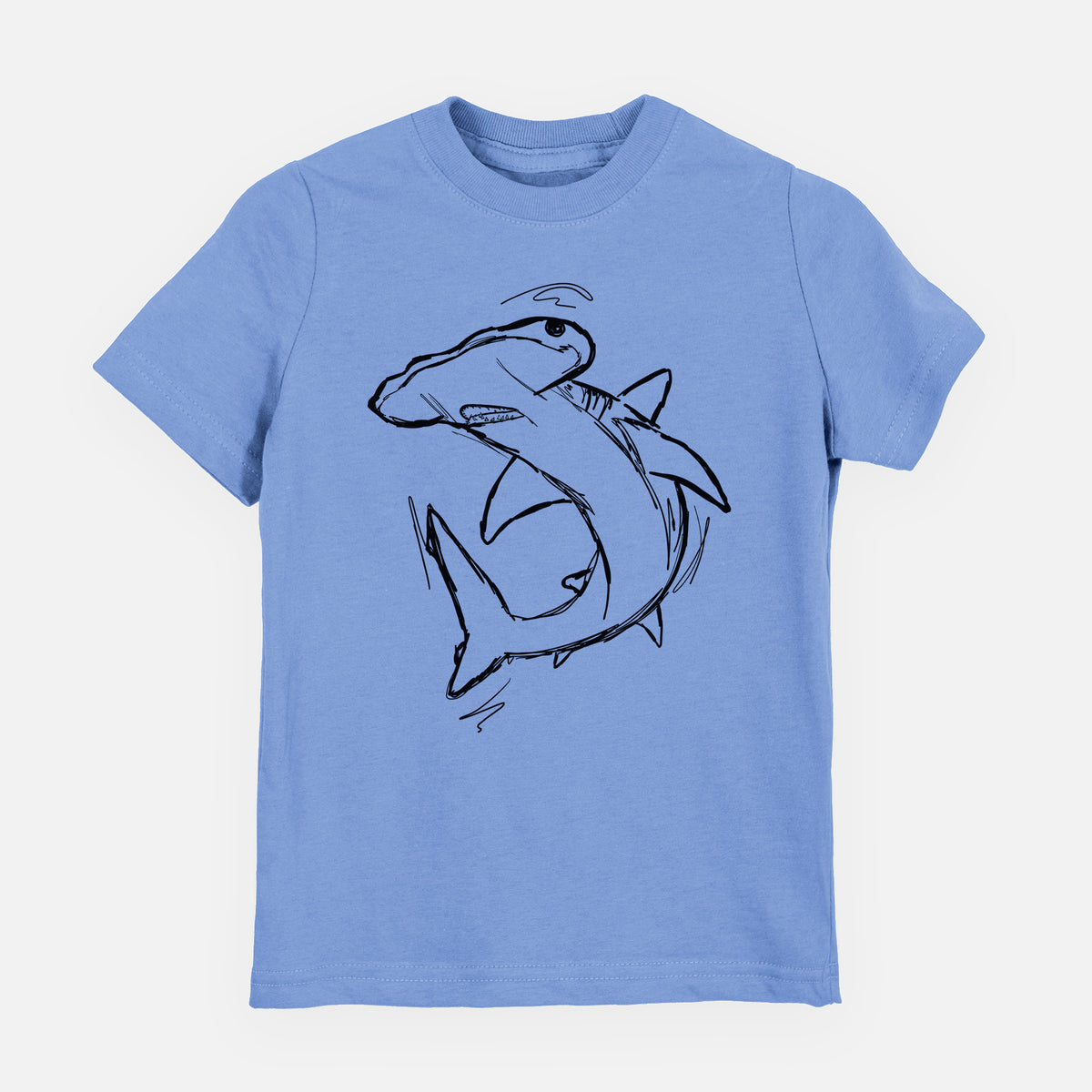 Carolina blue youth t-shirt laid flat, printed with a black ink illustration of a hammerhead shark swimming in a curve.