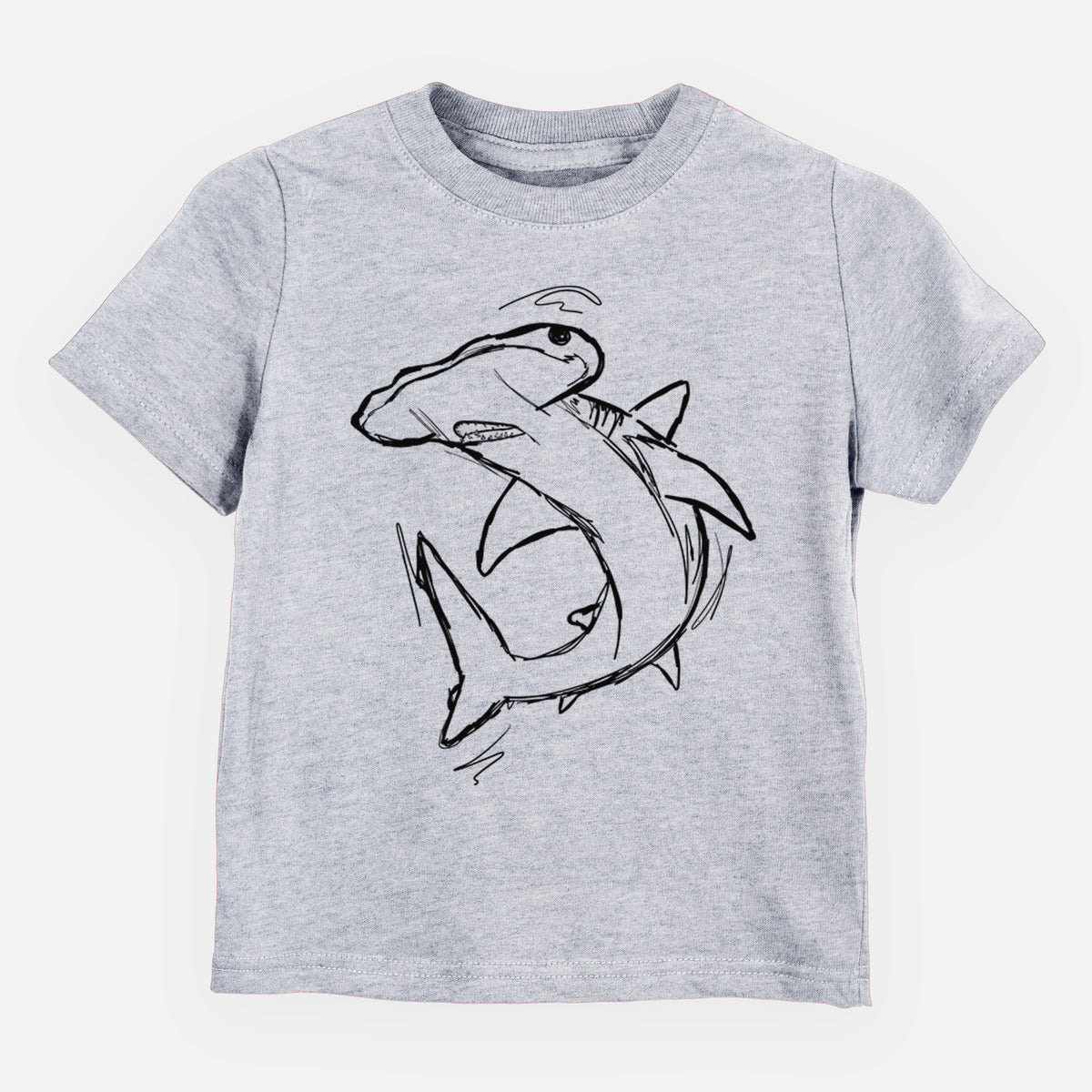 Heather grey toddler t-shirt laid flat, printed with a black ink illustration of a hammerhead shark swimming in a curve.