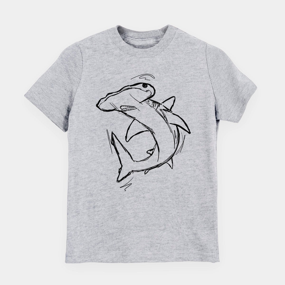 Heather grey youth t-shirt laid flat, printed with a black ink illustration of a hammerhead shark swimming in a curve.