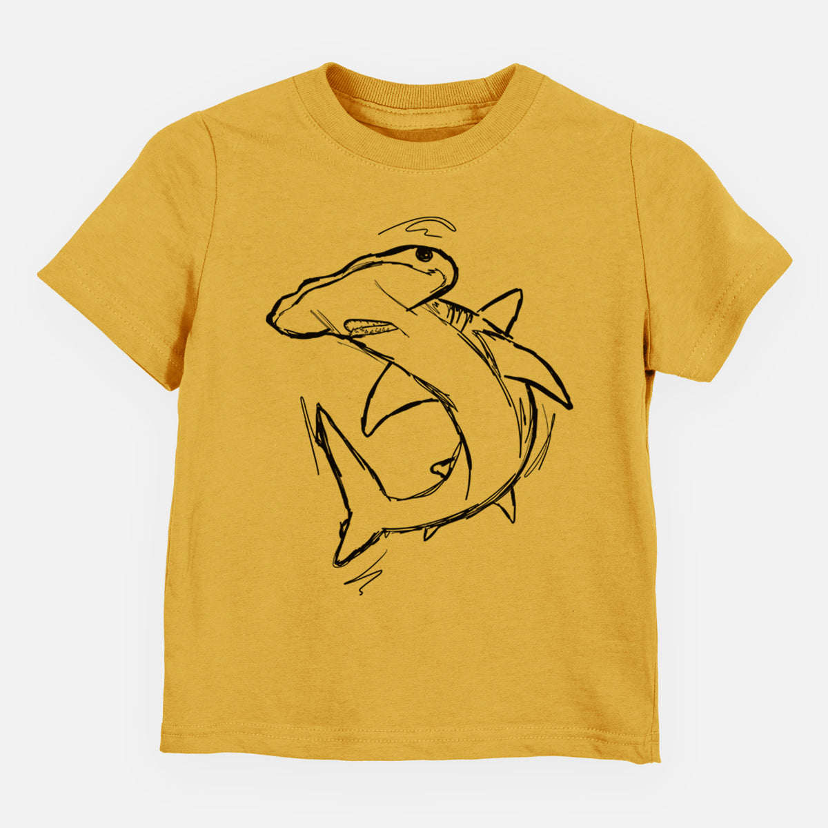 Honeycomb yellow toddler t-shirt laid flat, printed with a black ink illustration of a hammerhead shark swimming in a curve.