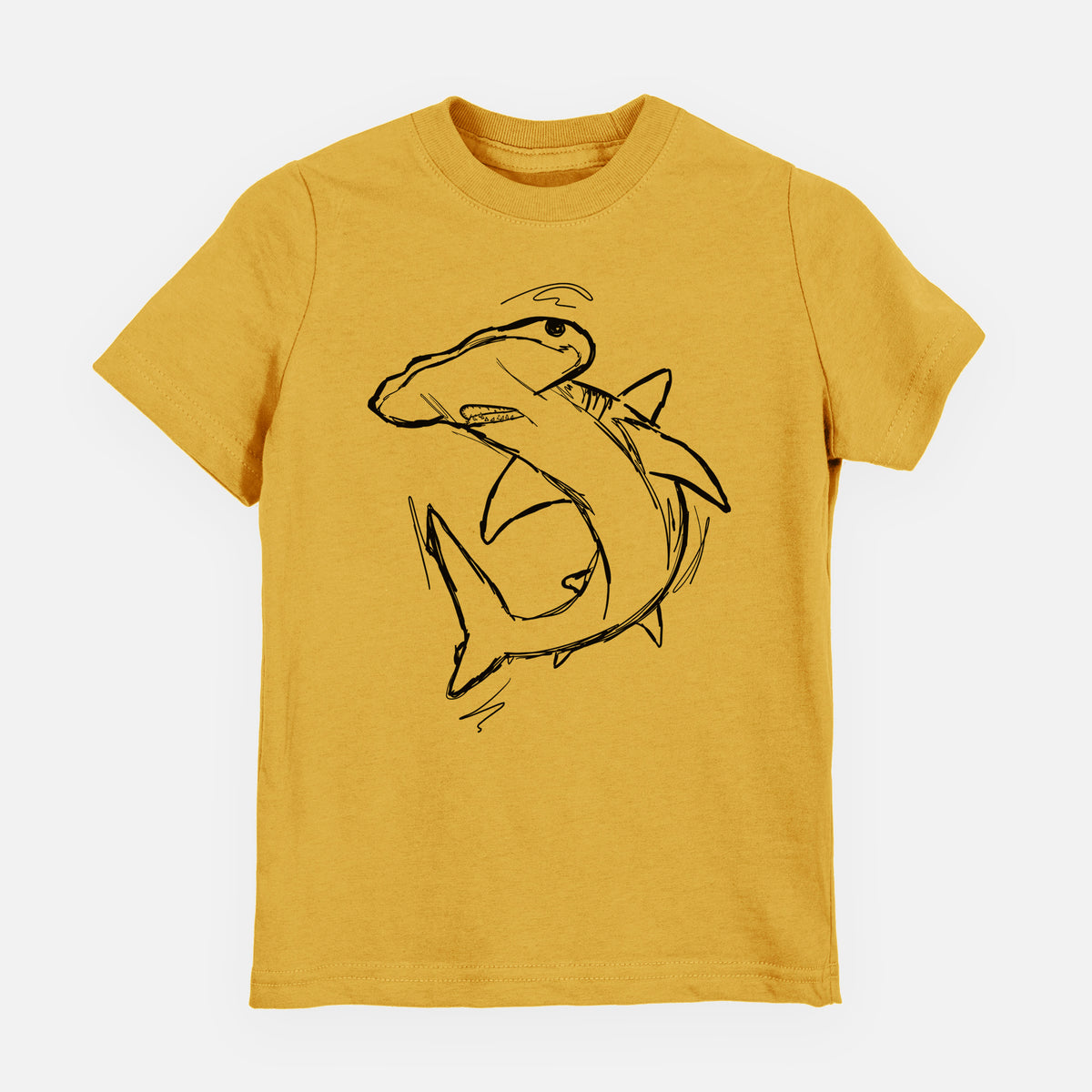 Honeycomb yellow youth t-shirt laid flat, printed with a black ink illustration of a hammerhead shark swimming in a curve.