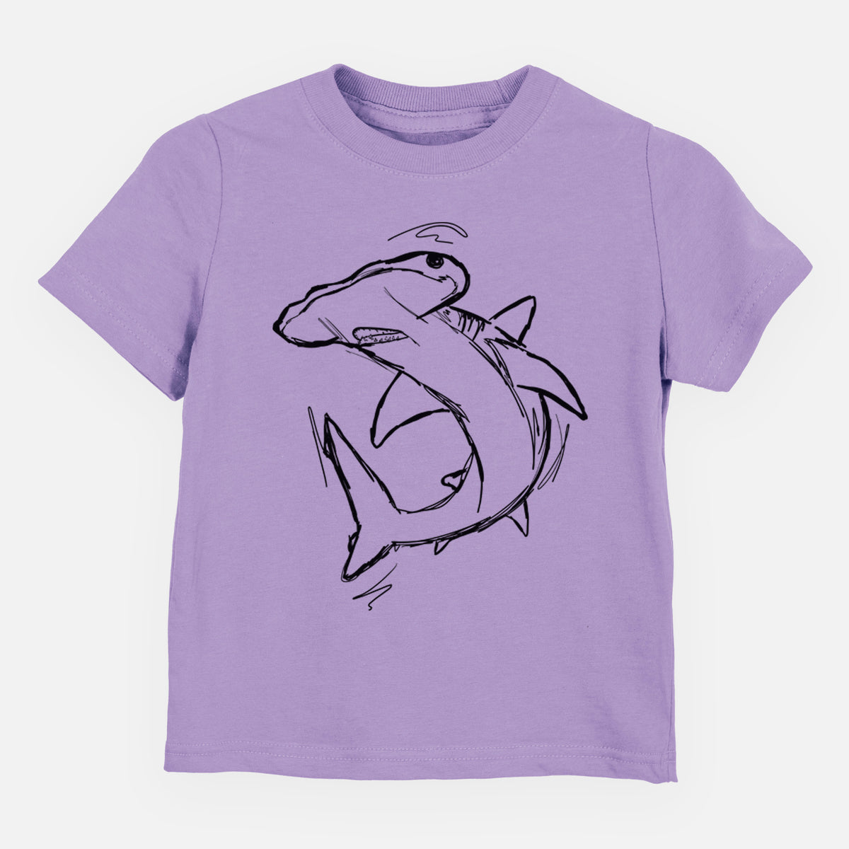 Lavender toddler t-shirt laid flat, printed with a black ink illustration of a hammerhead shark swimming in a curve.