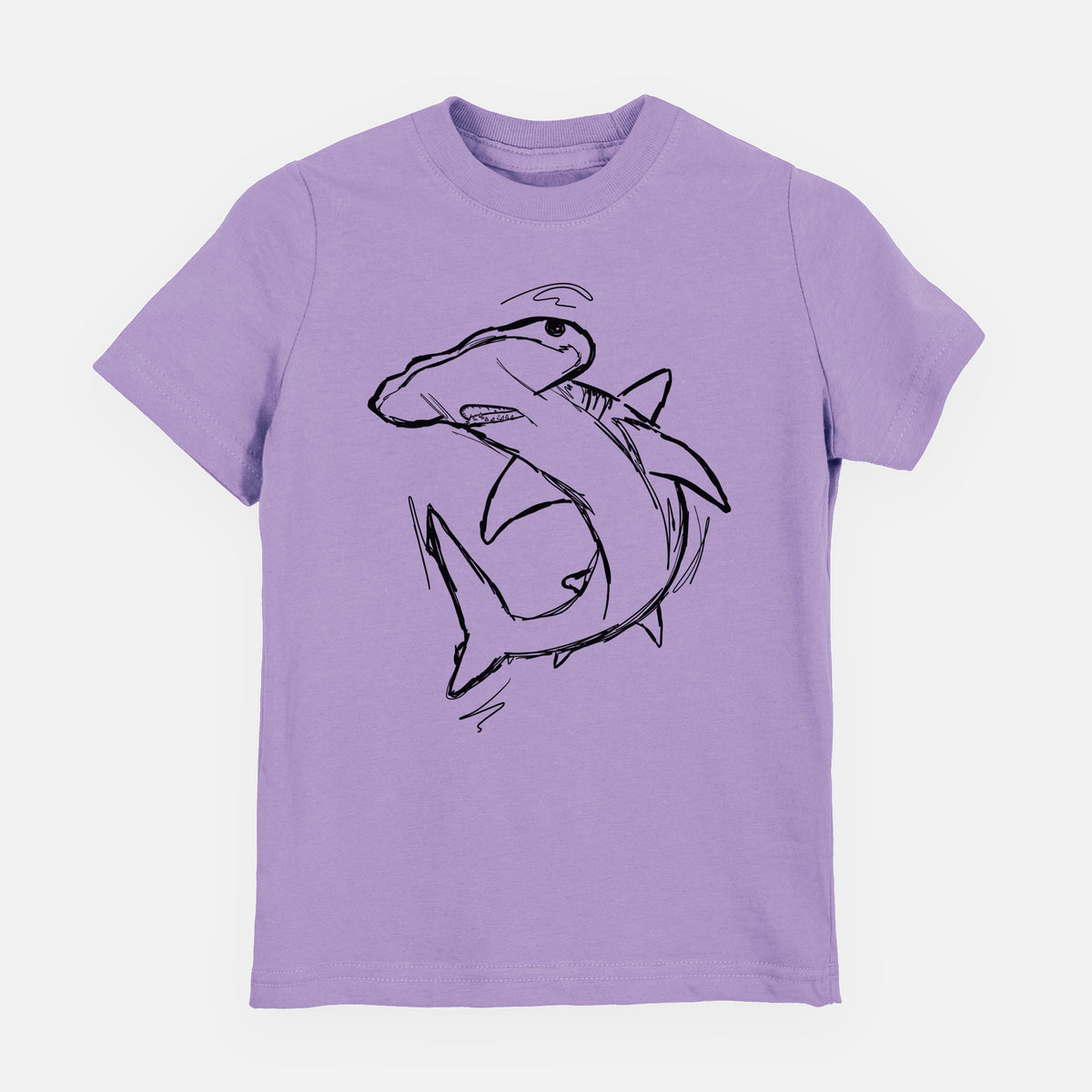 Lavender youth t-shirt laid flat, printed with a black ink illustration of a hammerhead shark swimming in a curve.