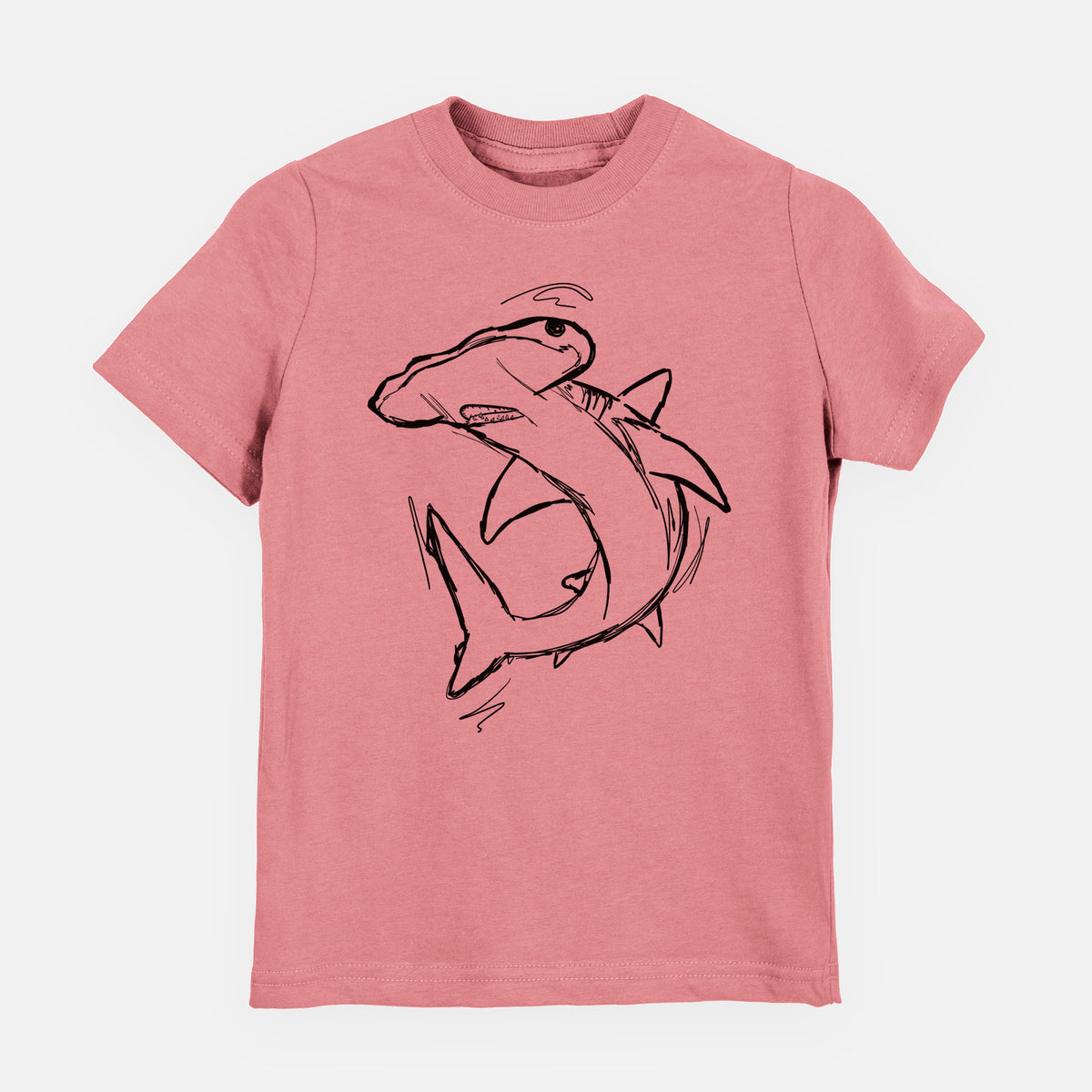 Mauve pink youth t-shirt laid flat, printed with a black ink illustration of a hammerhead shark swimming in a curve.