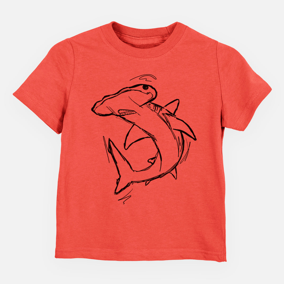 Passionfruit pink toddler t-shirt laid flat, printed with a black ink illustration of a hammerhead shark swimming in a curve.