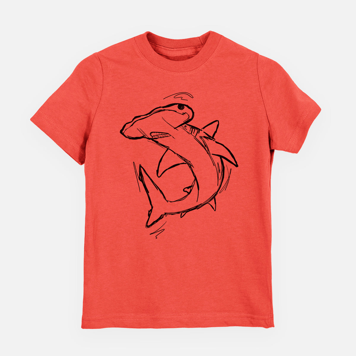 Passionfruit pink youth t-shirt laid flat, printed with a black ink illustration of a hammerhead shark swimming in a curve.