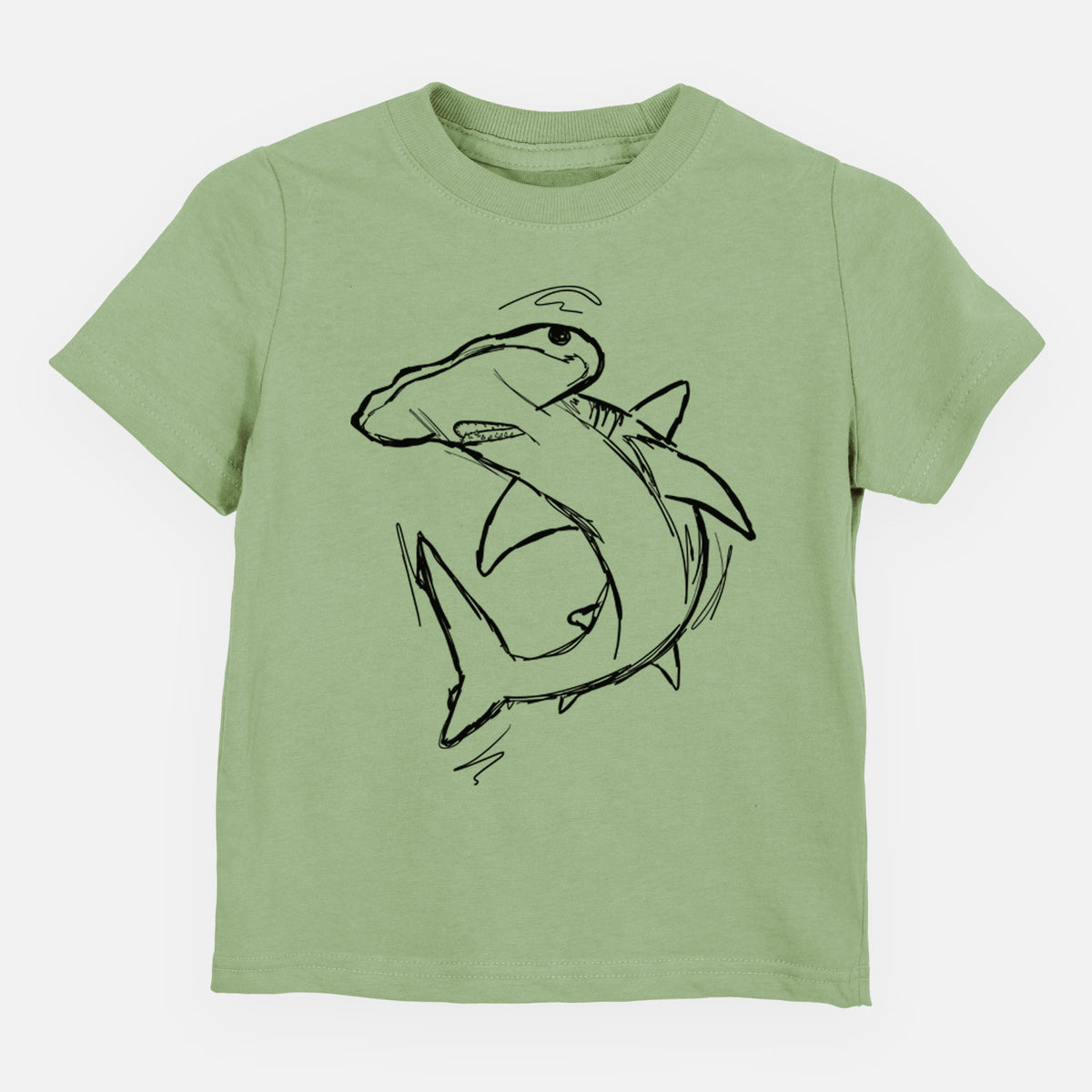 Sage green toddler t-shirt laid flat, printed with a black ink illustration of a hammerhead shark swimming in a curve.