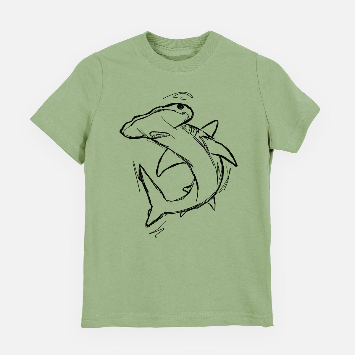 Sage green youth t-shirt laid flat, printed with a black ink illustration of a hammerhead shark swimming in a curve.