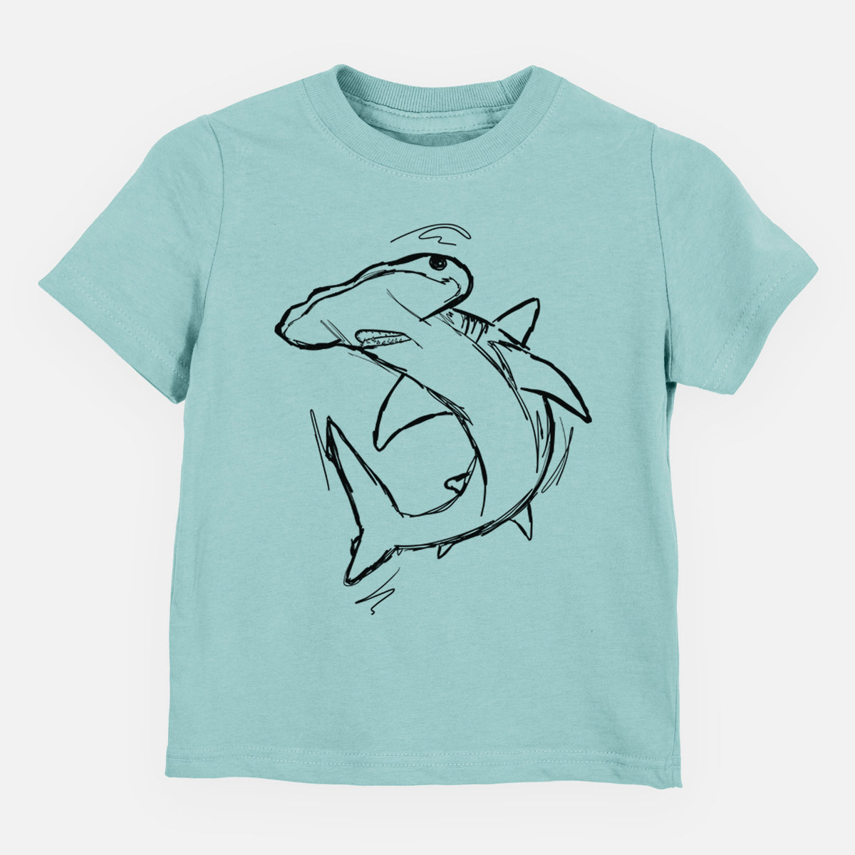 Saltwater toddler t-shirt laid flat, printed with a black ink illustration of a hammerhead shark swimming in a curve.