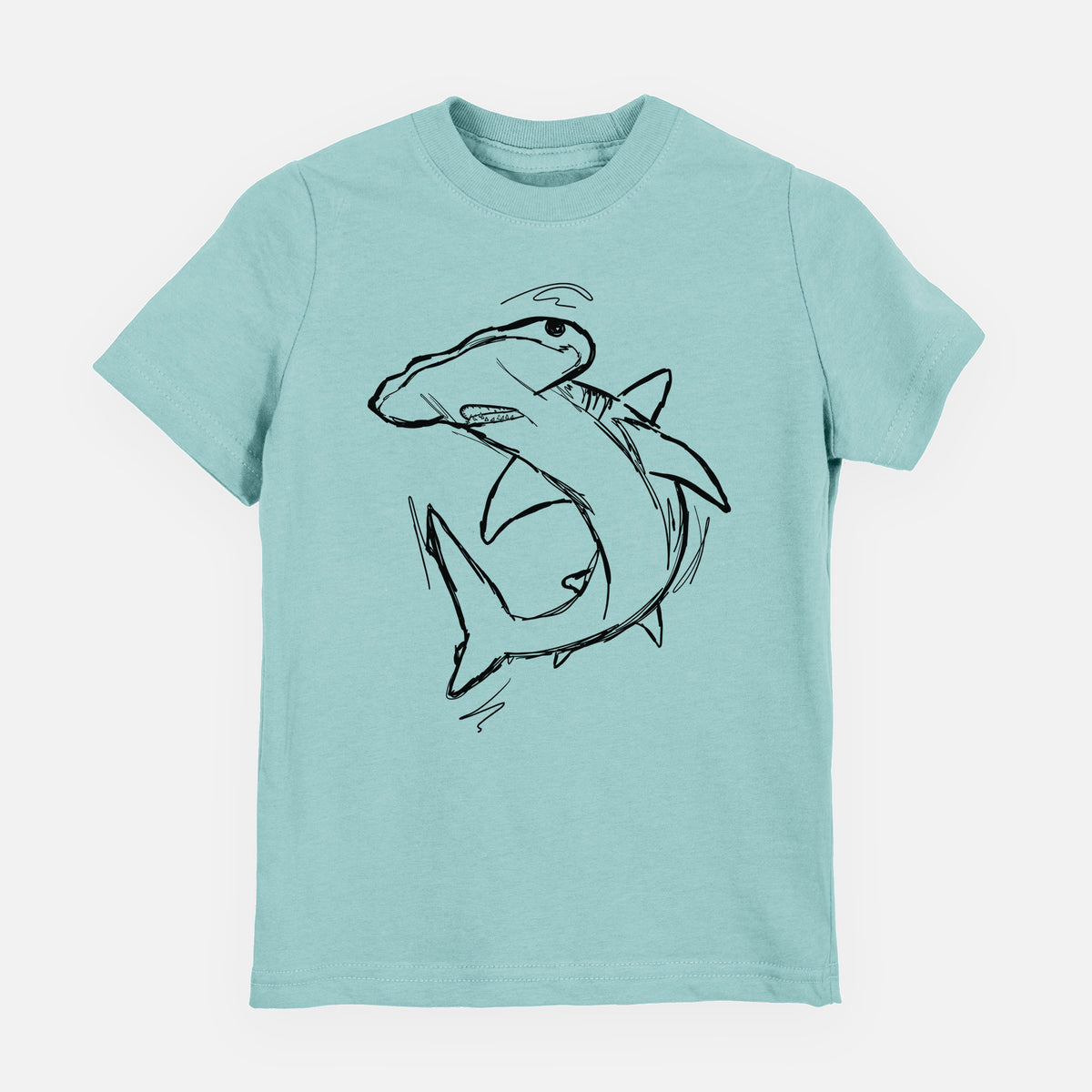 Saltwater youth t-shirt laid flat, printed with a black ink illustration of a hammerhead shark swimming in a curve.